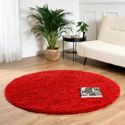 Bright Red Thick Shaggy Circle Rug - California - 150cm