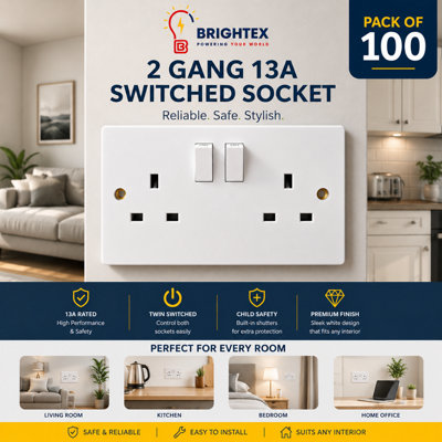 Brightex, Pack of 100 2 Gang 13A Switched Single Pole Socket White ...