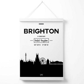 Brighton Black and White City Skyline Poster with Hanger / 33cm / White