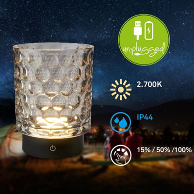 Briloner Grey Glass LED Table Light Lamp Cordless Rechargeable IP44 Dimmable Touch 15cm