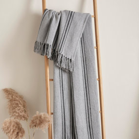 Brinley Woven Fabric Strip Bedspread Throw With Tasselled Edges