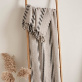 Brinley Woven Fabric Strip Bedspread Throw With Tasselled Edges