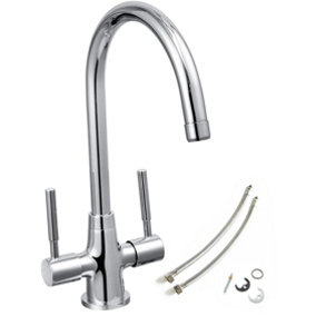 Bristan Cascade Sphere Kitchen Tap Chrome Twin Lever + Fixings + Flexi Pipes