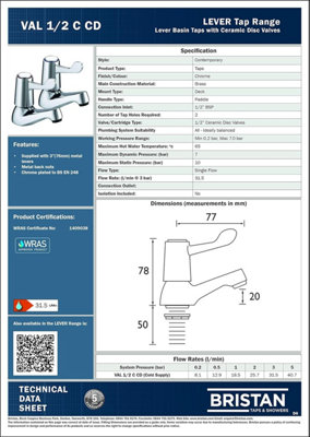Bristan Lever Basin Pillar Taps Utility Taps Chrome Plated 1/2" Metal Back Nut