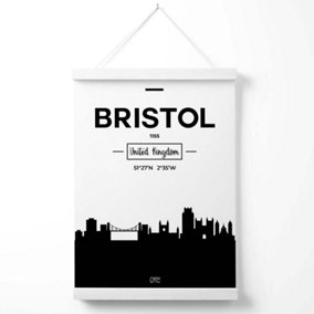 Bristol Black and White City Skyline Poster with Hanger / 33cm / White