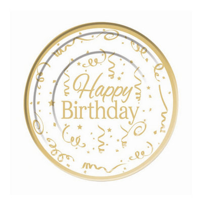 Bristol Novelty Plastic Happy Birthday Disposable Plates (Pack of 10) White/Gold (15cm)