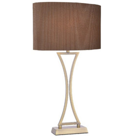 Britalia BROPO4175 Antique Brass Modern Concave Curved Table Lamp with Brown Oval Micro Pleat Shade 53cm