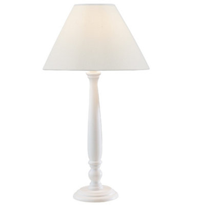 Britalia BRREG432 Matt White Tall Wooden Vintage Rustic Candlestick Table Lamp with Cotton Fabric Tapered Shade 52cm