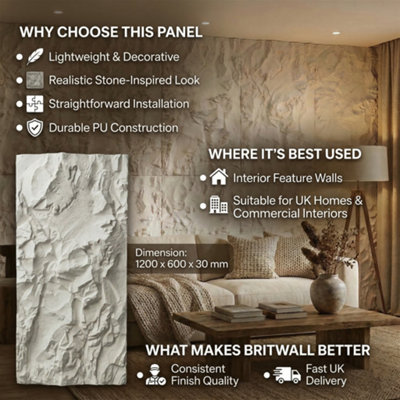 Britwall Light Stone Crushed Texture PU Wall Panel 1200 x 600 x 55mm ...