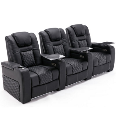 Broadway 3 Seater Electric Recliner Cinema Sofa USB Charging Led Base With Tray (Black w White Stitching)