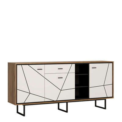 Brolo 3 door 1 drawer wide sideboard in Walnut and White