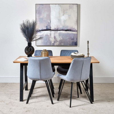 Bromley 160cm Wooden Herringbone Top Dining Table with 4 Chase Dining Chairs - Light Blue Quilted Velvet