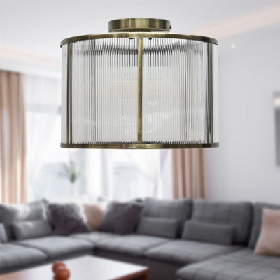 Bromley - Antique Brass With Ribbed Diffuser Flush Ceiling Light
