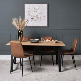 Bromley Herringbone Top Dining Table 160cm with 4 Ripley Dining Chairs - Tan Faux Leather
