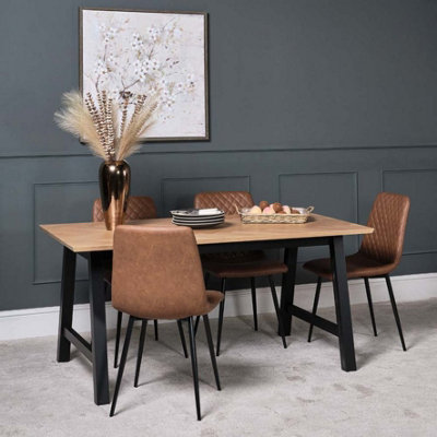 Bromley Herringbone Top Dining Table 160cm with 4 Ripley Dining Chairs - Tan Faux Leather