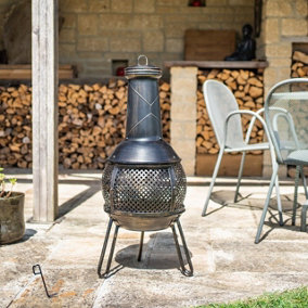 Bronze Effect Baja Chimenea - Metal Hand Painted Outdoor Garden Patio Log Wood Burner Fire Pit Bowl - H90 x 37cm Diameter