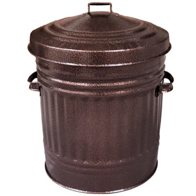 Bronze Metal Bin with Lid Retro Style 46cm Steel Dustbin Feed Ash Bin - 30L
