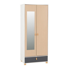 Brooklyn 2 Door 1 Drawer Mirrored Wardrobe - L51.5 x W80 x H190 cm - Oak Effect/Grey