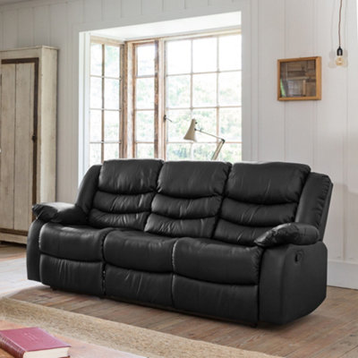 Brooklyn 211cm Wide Black 3 Seat Bonded Leather Reclining Sofa with Waterfall Back Design