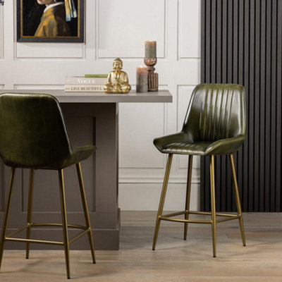 Brooklyn Bar Stool Set of 2 Green Genuine Leather 66cm Counter Height ...