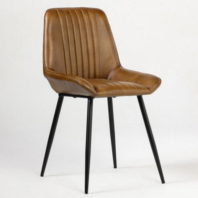 Brooklyn Dining Chair Olive Brown Real Leather Seat Black Industrial Metal Base