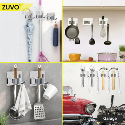 2 Pack Heavy Duty Wall Mount Broom Holder – Stainless Steel With 5 Racks & 4 Hooks