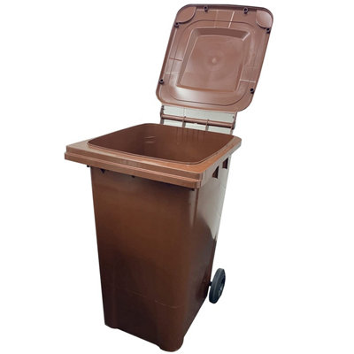 Brown 240L Standard Sized Outdoor Recycling Wheelie Bin With Rubber Wheels & Lid