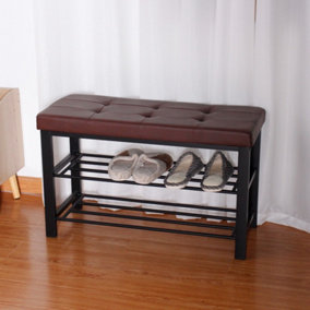 Brown 3 Tier Faux Leather Tufted Cushioned Shoe Rack Seating Bench Hallway Storage Organiser Stand