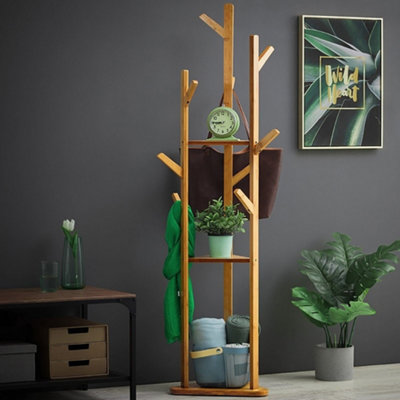 Brown 3 Tier Wooden Coat Rack Clothes Stand Hat Handbag Hanger 165cm(H)