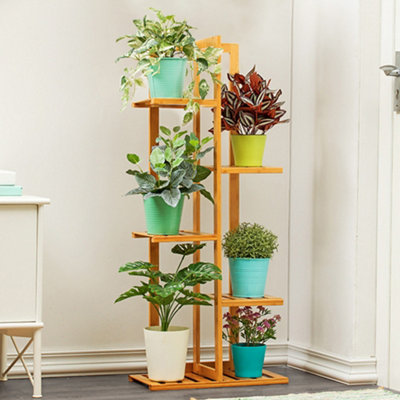 Brown 5 Tier Rustic Wooden Tall 6 Potted Plant Display Stand Shelving Unit Indoor Outdoor 103 cm