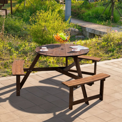 Brown 6 Person Round Wood Picnic Table and Bench Set