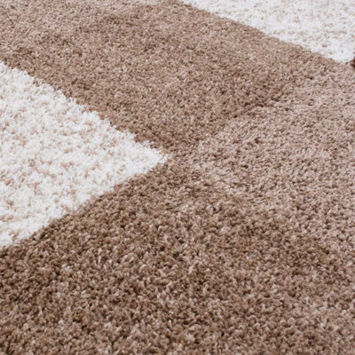 Brown and Ivory Soft Checkerboard Design Fluffy Shaggy Rugs and Runners ...