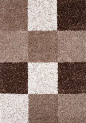 Brown and Ivory Soft Checkerboard Design Fluffy Shaggy Rugs and Runners ...