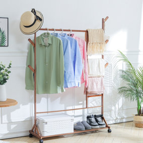 Brown Bamboo Freestanding Clothes Rail Coat Hanging Rack with Bottom Shelf and Wheels