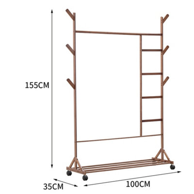 Brown Bamboo Freestanding Clothes Rail Coat Hanging Rack with Bottom ...