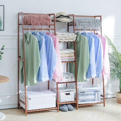 Brown Bamboo Trapezoid Clothes Rack Clothes Hanging Rack Stand with 5 Tiers Storage Shelves