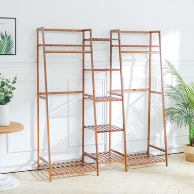Brown Bamboo Trapezoid Clothes Rack Clothes Hanging Rack Stand with 5 ...