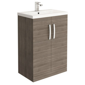 Brown Bathroom Storage Floor Standing Vanity Unit & Ceramic Sink 600mm