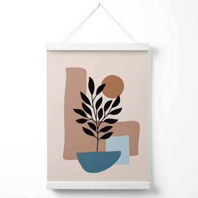 Brown, Beige and Blue Boho Graphical Floral  Poster with Hanger / 33cm / White