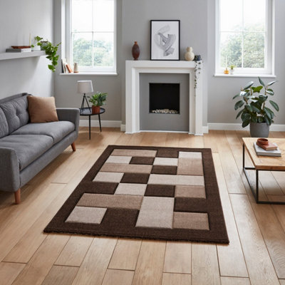 Brown Beige Bordered Chequered Geometric Modern Easy to Clean Rug for Living Room, Bedroom and Dining Room-120cm X 170cm