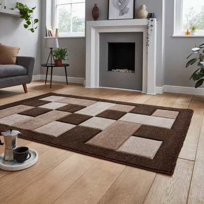 Brown Beige Bordered Chequered Geometric Modern Easy to Clean Rug for Living Room, Bedroom and Dining Room-120cm X 170cm