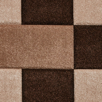Brown Beige Bordered Chequered Geometric Modern Easy to Clean Rug for Living Room, Bedroom and Dining Room-120cm X 170cm