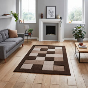 Brown Beige Bordered Chequered Geometric Modern Easy to Clean Rug for Living Room, Bedroom and Dining Room-160cm X 220cm