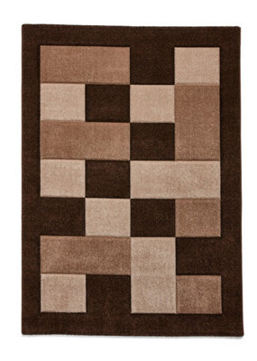 Brown Beige Chequered Rug, 10mm Thickness Bordered Rug, Geometric Modern Rug for Bedroom, & Dining Room-120cm X 170cm