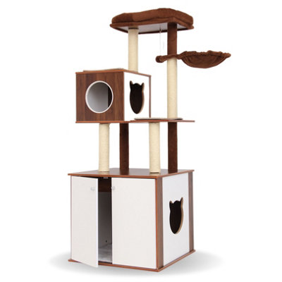 Brown Cat Tree with Litter Box Enclosure - Hammock, Top Perch (152x60x55 cm) Wooden Cat Scratching Post with Bed - Modern Design Price Comparisons | Compare The Build