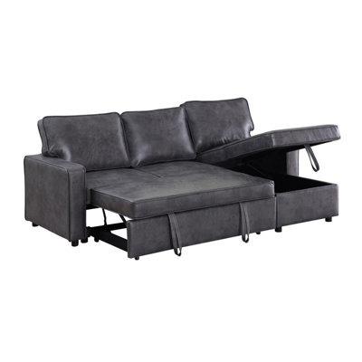 Brown/Charcoal Leather-Aire fabric L-Shaped Corner Sofa Bed with Pull ...