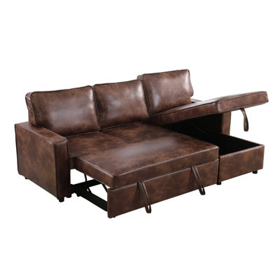 Brown/Charcoal Leather-Aire fabric L-Shaped Corner Sofa Bed with Pull ...