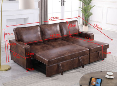 Brown/Charcoal Leather-Aire fabric L-Shaped Corner Sofa Bed with Pull ...