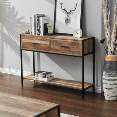 Brown Console Table 2 Drawers Hallway Table Entryway Table with Storage Shelf