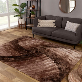 Brown Easy to Clean Optical/(3D) Modern Shaggy Sparkle Abstract Rug for Living Room, Bedroom - 160cm X 225cm